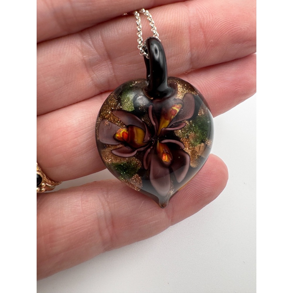 Vintage Lampwork Glass Orchid Pendant Necklace